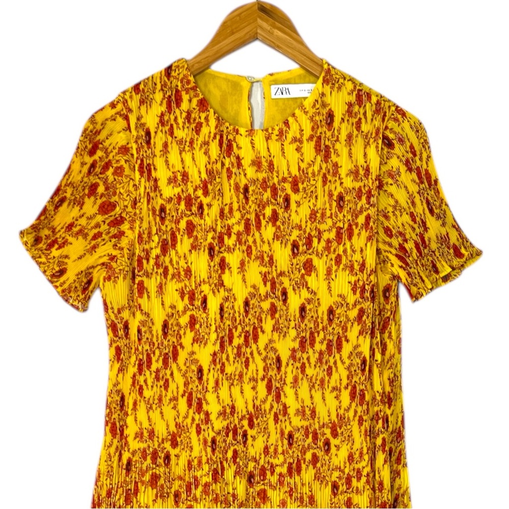 Zara Yellow Floral Pleated Chiffon Midi Dress With Short Sleeves Size Small - Picture 3 of 7